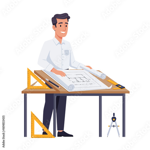 A cheerful male architect stands at his drafting table, diligently working on an architectural blueprint with precision tools.
