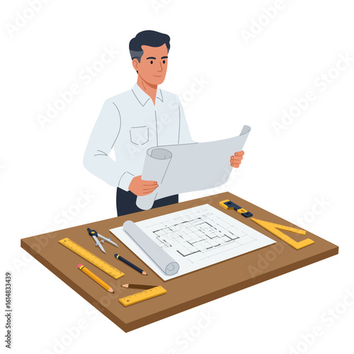 A male architect is reviewing blueprints at his desk, surrounded by architectural tools and design plans, showing meticulous attention to detail in his work.