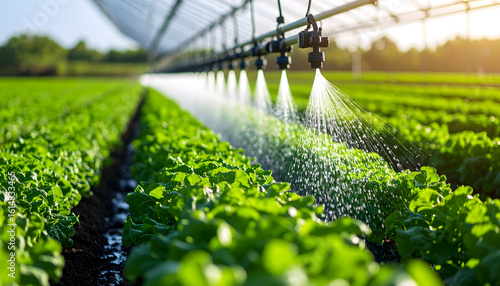 Macro photo of a smart irrigation drip system watering green crops on organic farmland. Represents sustainable, modern, and precise agricultural methods.
