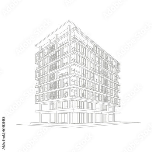 Modern apartment building architectural sketch, clean lines, white background, perspective view, urban development, real estate, contemporary design, multistory building, city architecture, building