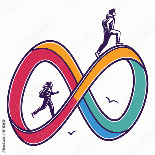 Illustration of two people walking on a colorful infinity symbol with birds flying around on a white background