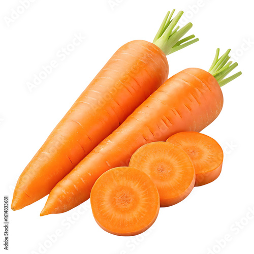 Fresh Carrots Grouping with Slices Isolated on Black Background, Vibrant Orange Color, Healthy Food