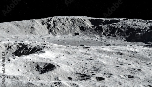 Cratered lunar landscape; stark, monochrome view of the moon's surface