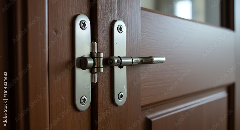Obraz premium Close-up of Wooden Door with Silver Door Lock and Handle in Interior Setting