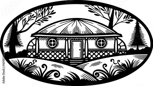 Black and white oval design featuring a house with trees and foliage in a landscape setting