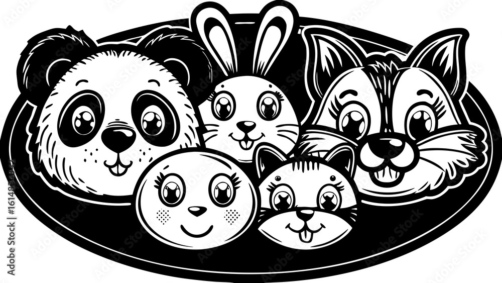 Obraz premium Black and white cartoon illustration of a panda rabbit fox cat and other animal faces on a plate