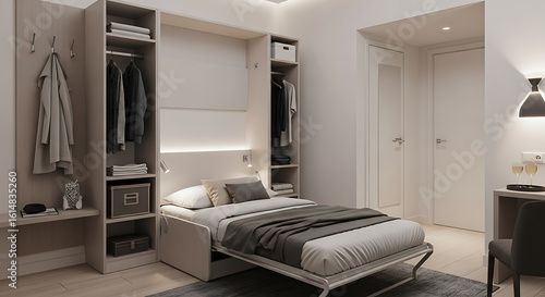 A murphy bed extended in a modern room with a wardrobe and a desk with glasses of wine nearby ai generated