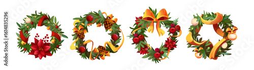 Branch garland cartoon wreaths with festive evergreen circles, red poinsettia blooms, golden ribbons and baubles on pine needles, berries and pinecones decorating holiday frames for Christmas design