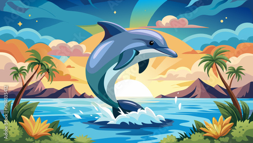 The dolphin jumping out of water, bottlenose arcs gracefully against a soft blue sky. Semi-realistic detail reveals smooth skin, lively eyes, and the playful spirit of this majestic marine moment.