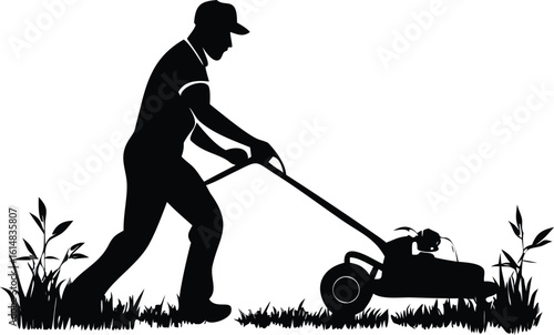 Silhouette of man mowing grass with a push mower vector