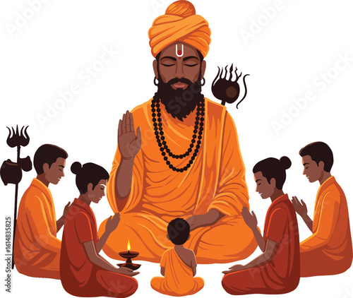 Cartoon illustration of a Buddhist monk praying with a loving family sitting nearby