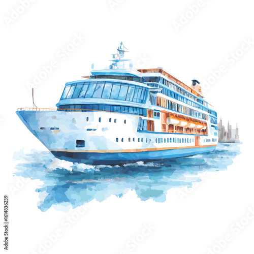 Watercolor cruise ship sailing on blue ocean waters with distant city skyline travel