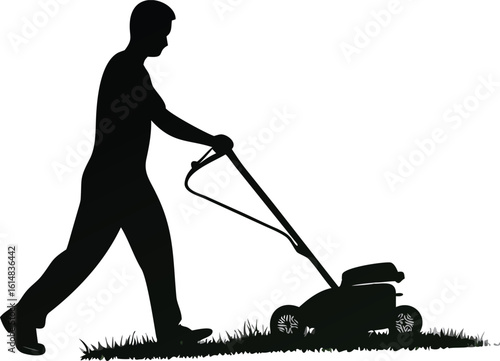 Silhouette of a person mowing grass with a lawn mower Keywords: man, silhouette, mowing, lawn