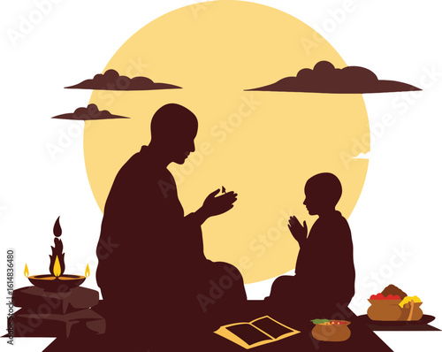 A romantic vector illustration of an elderly couple enjoying coffee at a beachside cafe silhouetted against the sunset