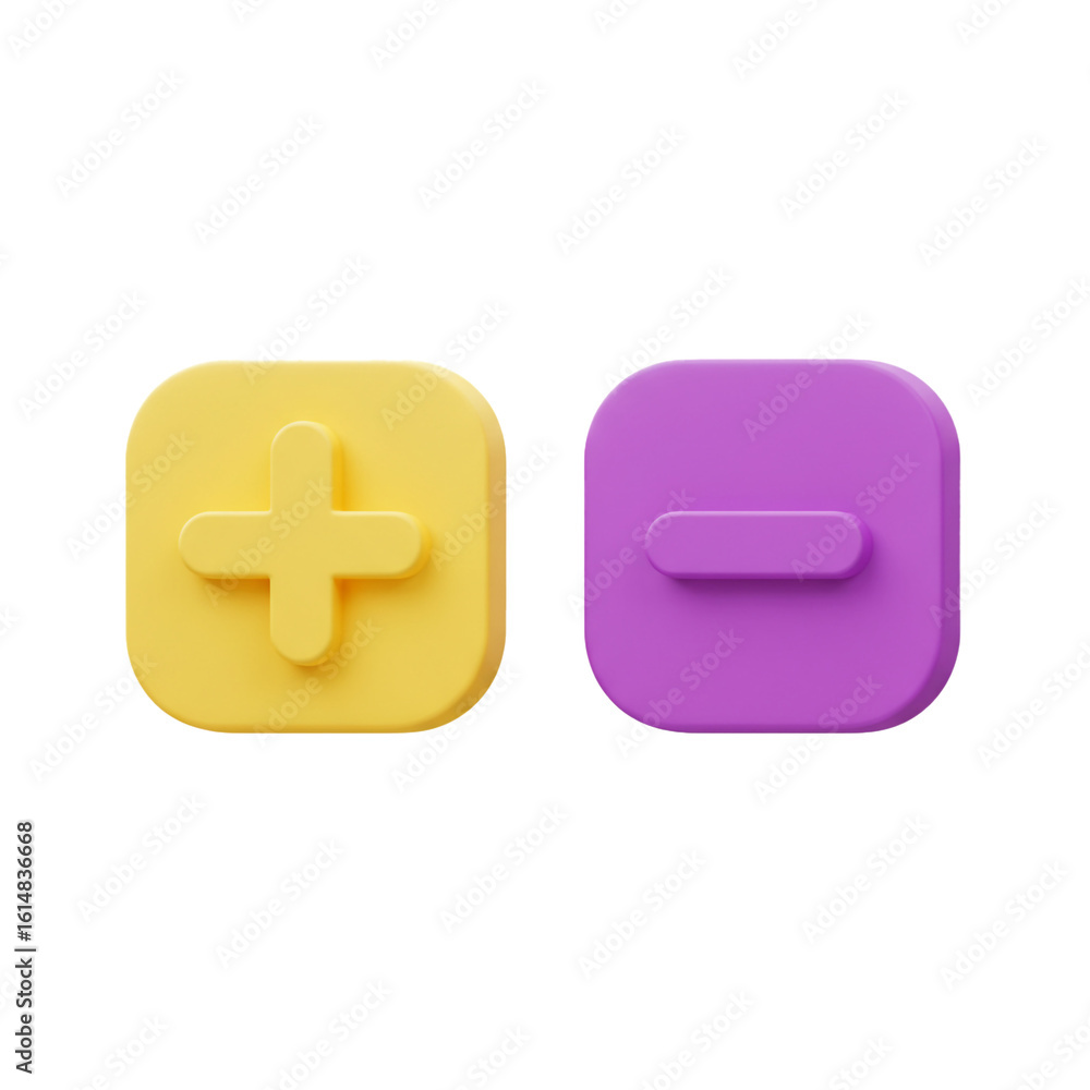 Obraz premium Playful rendered icons of mathematical symbols representing addition and subtraction in vibrant colors perfect for design.