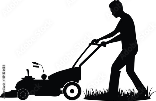 Silhouette of a man operating a lawn mower Keywords: man, silhouette, mowing, lawn, grass