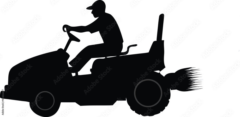 Silhouette of man riding a lawn mower with exhaust Silhouette of man riding a lawn mower with exhaust