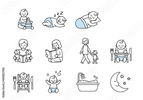 Baby activities and care icons including sleeping playing reading and bathing infant