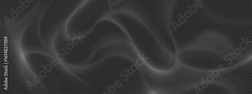 Realistic smoke overlay effect - flowing grey vapor waves on transparent background. Soft fog texture with smooth curves for photo editing, atmospheric visual design elements. Natural mist pattern.