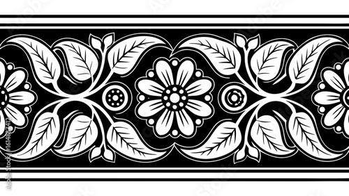 Ornamental floral border with alternating flowers leaves and circular patterns in black and white color scheme