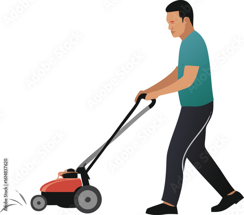 Man with teal shirt mowing lawn with red mower Keywords: man, mowing, lawn, red, mower, teal