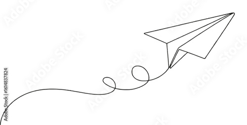 Minimalist Line Drawing of Paper Airplane with Looping Trail, Abstract Flight Path Illustration Representing Creativity, Motion and Freedom