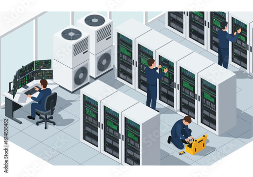 IT technicians working in server room with computer racks and air conditioners data center