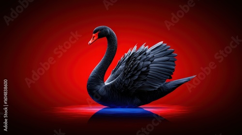 Fototapeta Naklejka Na Ścianę i Meble -  3D design of a majestic black swan towering from above, illuminated by deep blue lighting, set against a dark red background with a glowing floor reflection.