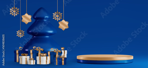Blue Christmas podium scene with golden display platform - tree, hanging snowflakes and stars decorations, white gift boxes with gold ribbons. Festive 3d product showcase for holiday presentation.