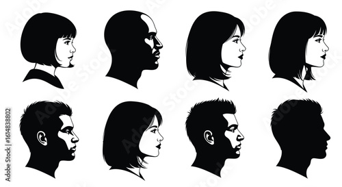 Profile portraits of diverse men and women in black and white Keywords: profile, portraits, men