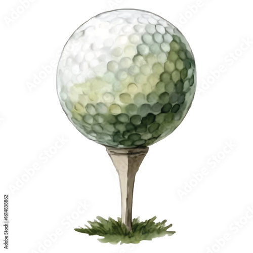 Watercolor golf ball on tee with green grass accents on white background golf tee sports