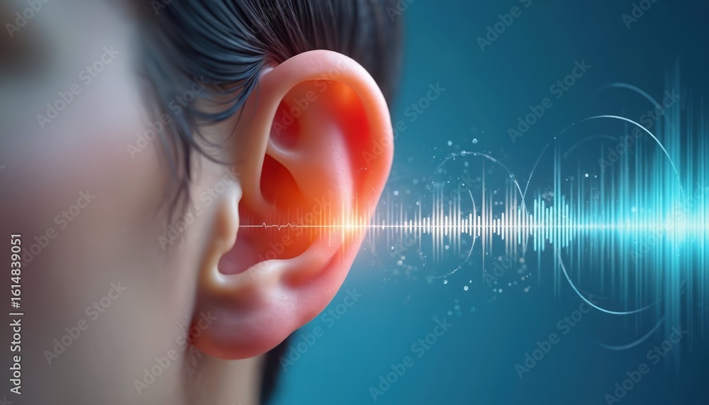 Close-up of human ear receiving sound waves visualized as audio equalizer. Explores themes of hearing, listening, sound perception, audio, hearing loss, tinnitus, and aids for deaf impairment. Close-up of human ear receiving sound waves visualized as audio equalizer. Explores themes of hearing, listening, sound perception, audio, hearing loss, tinnitus, and aids for deaf impairment.