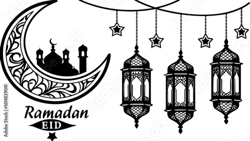 Black and white ramadan eid illustration with mosque, moon, stars, and hanging lanterns design art