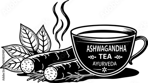 Illustration of ashwagandha roots and leaves with a cup of tea labeled ashwagandha tea ayurveda