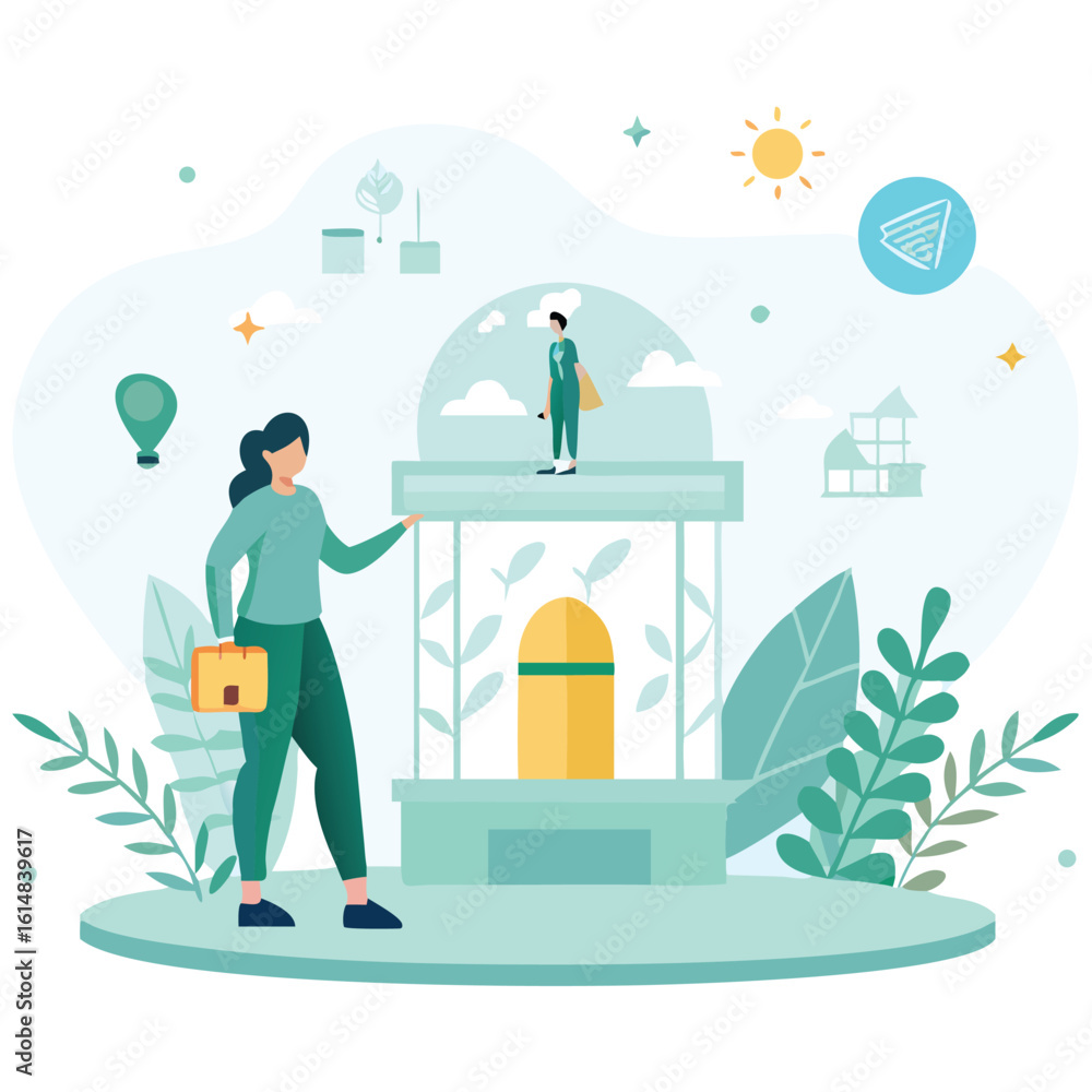 Career Aspirations and Business Growth Conceptual Illustration Featuring a Woman and a Man in a Light and Airy Environment Career Aspirations and Business Growth Conceptual Illustration Featuring a Woman and a Man in a Light and Airy Environment