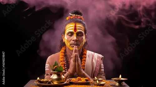 Devotee In Prayer With Eyes Closed And Hands Together Amidst Pink Smoke And Offerings