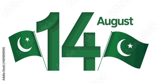 Pakistan Independence Day Illustration with Bold 14 August Typography, Twin Flags and Crescent-Star Emblem, Patriotic Green Banner Design