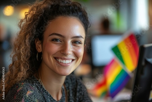 Happy lesbian woman smiling at computer in the office during LGBTQ pride month. Candid gay female office employee celebrating pride with rainbow flags, Generative AI