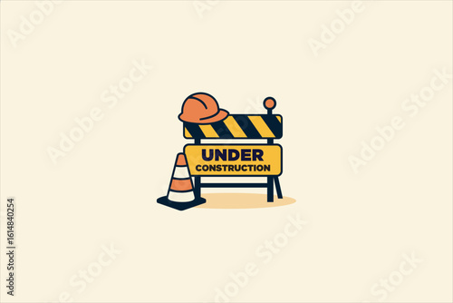 Vector illustration showing a yellow and black "Under Construction" sign with a white hard hat placed on top and an orange traffic cone beside it.