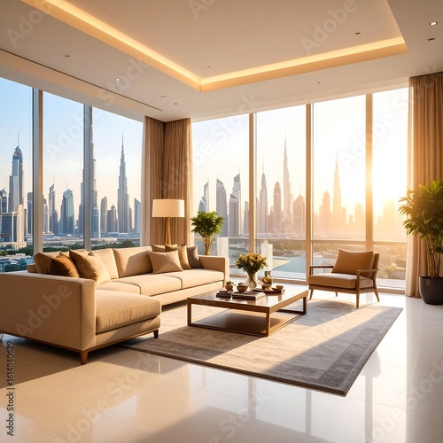 Modern penthouse living room with city view