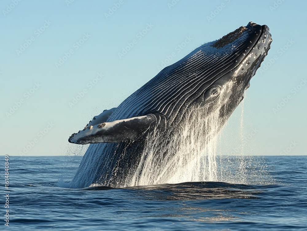 Fototapeta premium A blue whale breaching the surface, water cascading off its massive body