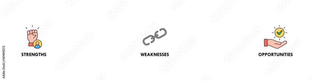 SWOT banner web icon vector illustration concept for strengths, weaknesses, threats, and opportunities analysis with an icon of value, goal, break chain, low battery, growth, check, minus, and crisis SWOT banner web icon vector illustration concept for strengths, weaknesses, threats, and opportunities analysis with an icon of value, goal, break chain, low battery, growth, check, minus, and crisis