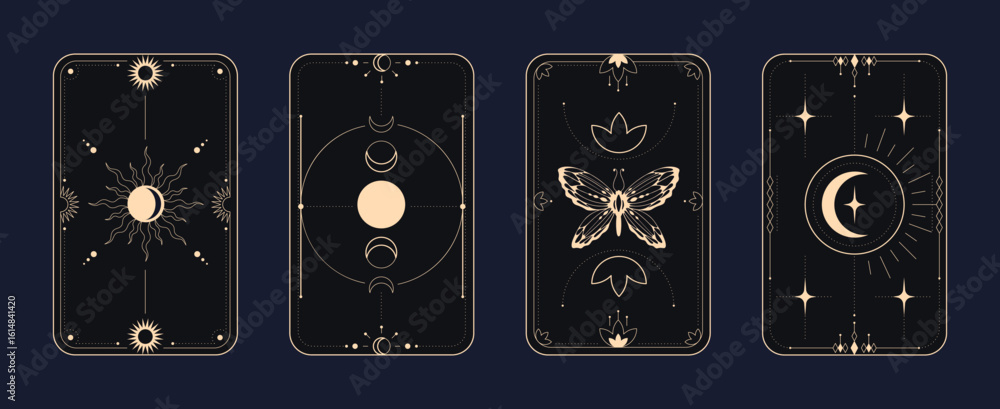 Εκτύπωση καμβά Gold mystical tarot card frames on dark background - celestial designs with sun, moon phases, butterfly and stars