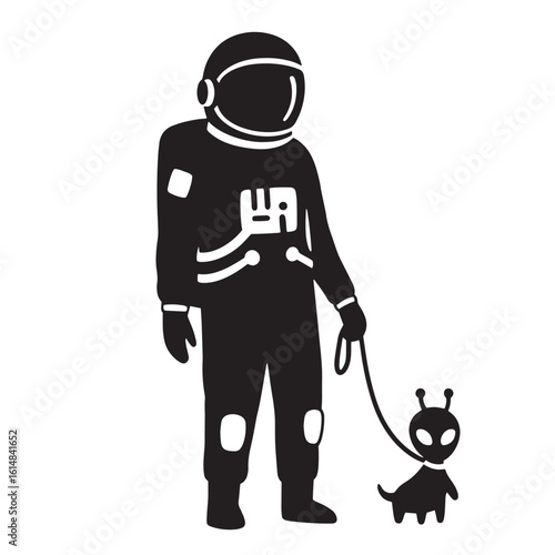 Astronaut walking an alien pet on a leash depicting intergalactic friendship and humor