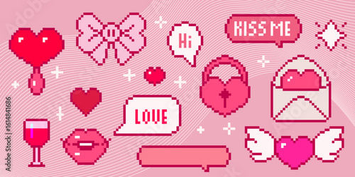 Pink pixel art Valentine collection with hearts, love letters and romantic messages - retro 8 bit style wings, envelopes, wine glass on wavy striped bg. Digital nostalgia design for gaming aesthetics.