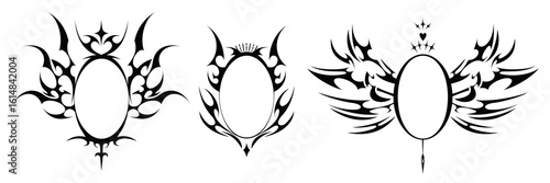 Gothic oval frame ornaments with tribal wings - black decorative borders for tattoo design, mystical silhouettes with sharp edges and stars, dark fantasy vector elements for Halloween artwork.