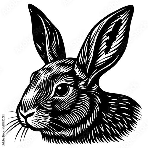 Intricate monochrome rabbit head evokes vintage printmaking style, perfect for Easter designs and nature themes