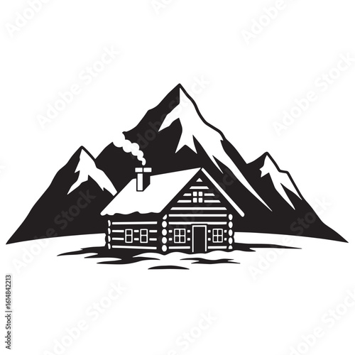 Black and white illustration of a cozy log cabin nestled against majestic snowy mountains