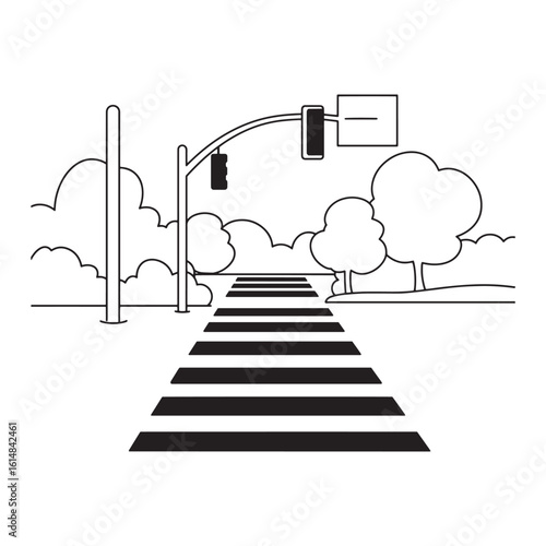 Black and white illustration of a pedestrian crossing with traffic light and trees