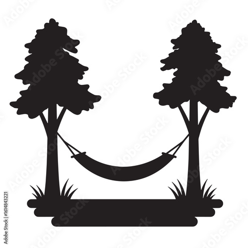 Black silhouette illustration of a hammock suspended between two pine trees in a forest